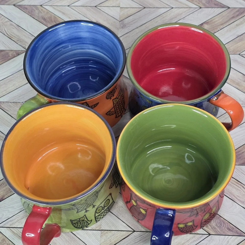 Pier 1 Imports Handpainted Owl Stacked Coffee Tea Mugs Cups Set of 4